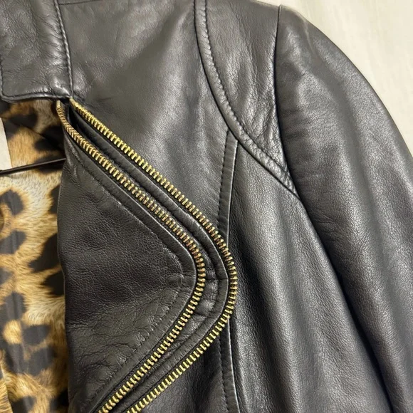 Cache Black Leather Jacket with Leopard Lining - Picture 2 of 9